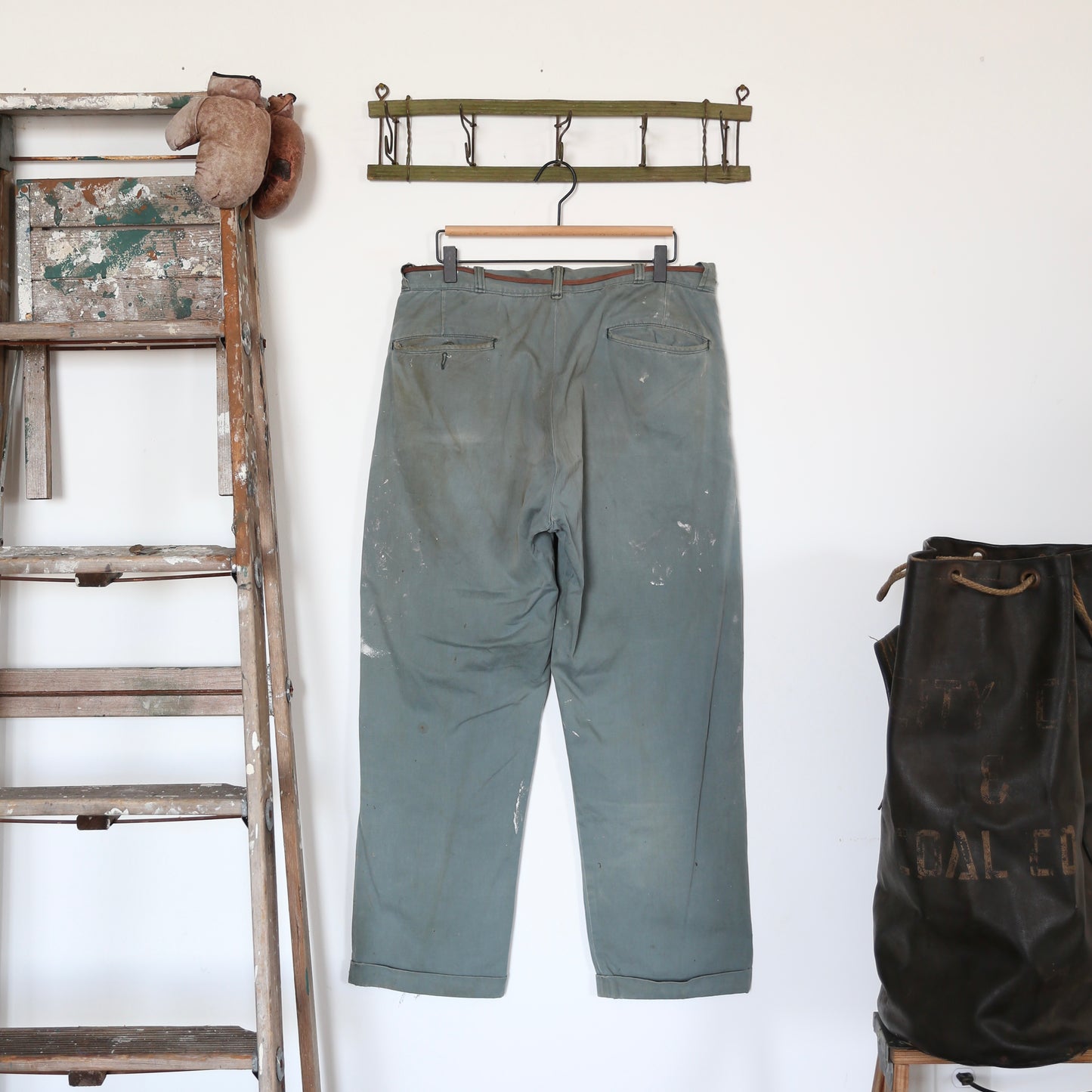 1950'S GREEN PAINTED AND REPAIRED CHINOS (35)