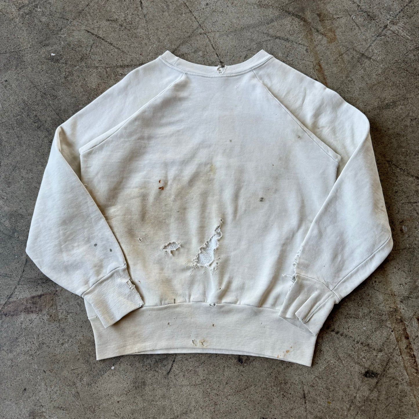 1960'S THRASHED WHITE COTTON SWEAT (S-M)