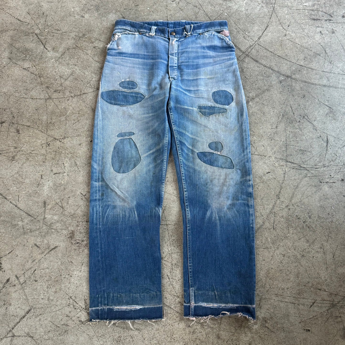 1950'S BUCKEYE FADED AND REPAIRED HALF SELVEDGE JEANS